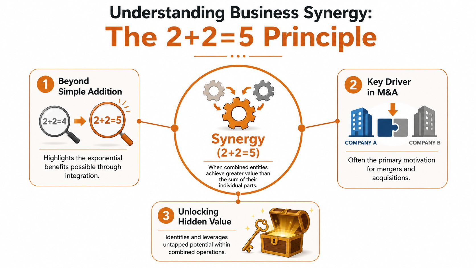 An infographic illustrating the concept of business synergy, showing how merging entities creates greater value than their parts.