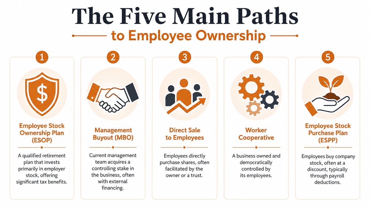 An infographic detailing five primary methods for employees to gain ownership of a company business.